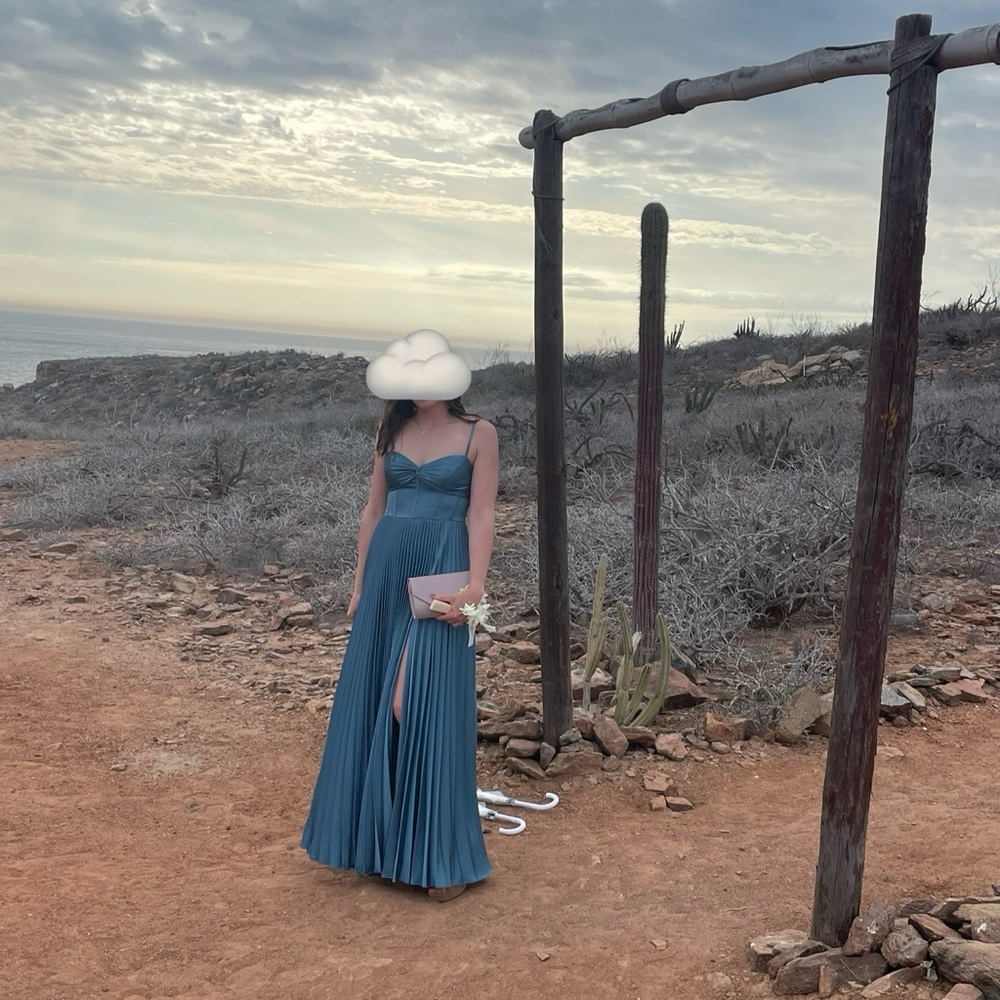 Azazie Tyla azure blue pleated maxi dress 10